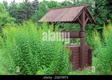 Alte hölzerne Brunnen in einem russischen Dorf in der Mitte der grünen Vegetation Stockfoto