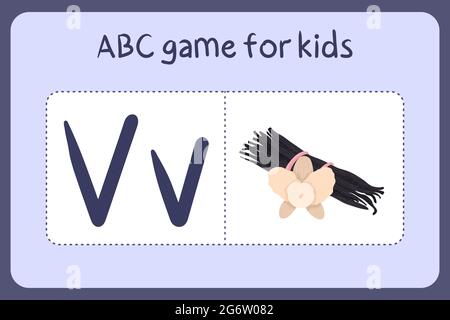 Kind Alphabet Mini-Spiele im Cartoon-Stil mit dem Buchstaben V -Vanille. Vektor-Illustration für Spiel-Design - Schneiden und spielen. Lerne abc mit Flash-Karten für Obst und Gemüse. Stock Vektor