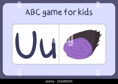 Kind Alphabet Mini-Spiele im Cartoon-Stil mit dem Buchstaben U - ube. Vektor-Illustration für Spiel-Design - Schneiden und spielen. Lerne abc mit Flash-Karten für Obst und Gemüse. Stock Vektor