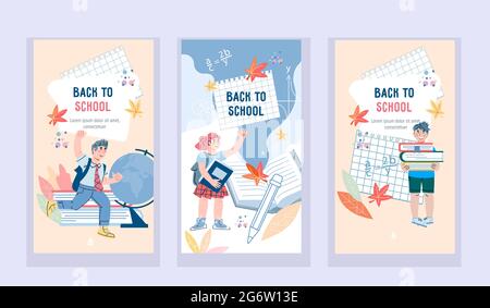 Back to School Onboarding Bildschirme Kit, Cartoon flache Vektor-Illustration. Stock Vektor