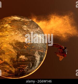 Raumschiff nähert sich einem neugeborenen Planeten - 3d-Rendering Stockfoto