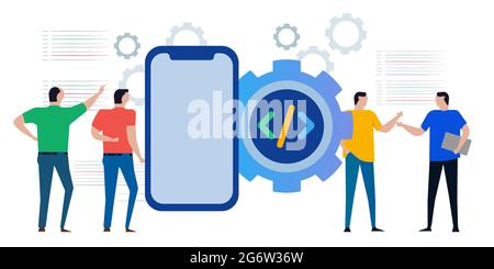 Mobile Smartphone-Anwendung Apps Programmierung Codierung Entwicklung Symbol Symbol für Zahnradlinie von Code oder Skript und Programmierer Entwickler Stock Vektor