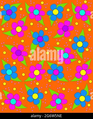 70er Jahre Stil Blumen füllen orange, Hintergrundbild mit Spritzern von rosa, blau und lila. Kleine und große Tupfen fallen wie Konfetti in Pink und yel Stockfoto