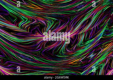 Lasershow Gone Wild zeigt Lichter, Linien und Neonlichter. Regenbogenfarben Streifen und wirbeln über das Grafikbild. Stockfoto