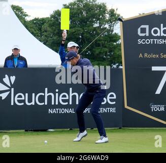 North Berwick, Großbritannien. Juli 2021. Justin Thomas (USA) auf dem 7. Abschlag während des Proam bei den abrdn Scottish Open im Renaissance Club, North Berwick, Schottland. Kredit: SPP Sport Pressefoto. /Alamy Live News Stockfoto