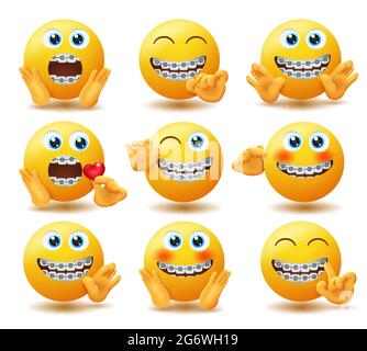 Smiley-Klammern-Emoticon-Vektorset. Emojis in Zahnspange Zeichen mit reichen und weichen Handgesten wie überrascht und winkende Hände für niedlich. Stock Vektor