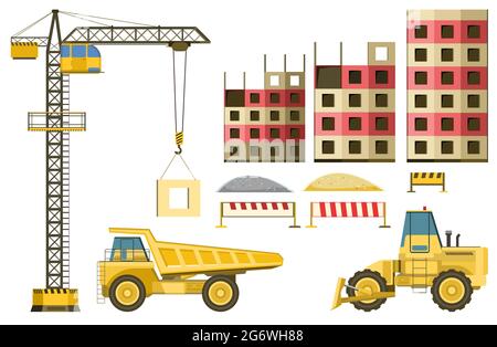 Tech-Set für den Bau von Gebäuden und Straßen. Bulldozer, LKW. Moderne Technologien und Ausrüstung. Auf weißem Hintergrund isolierter Illustrationsvektor. Stock Vektor