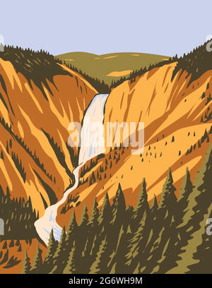 WPA-Plakatkunst der Lower Yellowstone Falls, dem größten Wasserfall in den Rocky Mountains im Yellowstone National Park, Wyoming USA, in w umgesetzt Stock Vektor