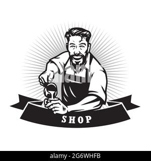 Bärtiger Barista Mann, Der Kaffee Macht Latte Art Cafe Logo Design Template Icon Stock Vektor