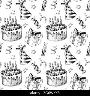 Handgezeichnetes nahtloses Geburtstagsmuster. Vektorgrafik im Skizzenstil Stock Vektor