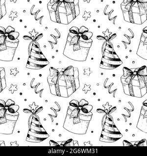 Handgezeichnetes nahtloses Geburtstagsmuster. Vektorgrafik im Skizzenstil Stock Vektor