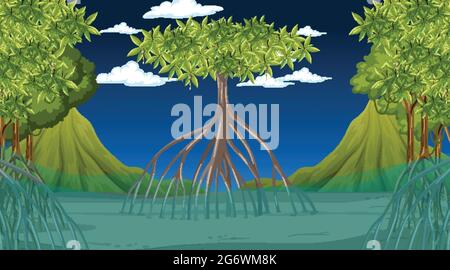 Naturszene mit Mangrovenwald bei Nacht in Cartoon-Stil Illustration Stock Vektor