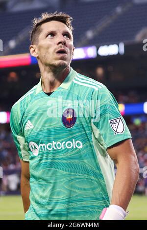 Chicago Fire-Torwart Bobby Shuttleworth (1) schaut sich während eines MLS-Spiels gegen den Orlando City SC am Mittwoch, den 7. Juli 2021, im Soldier Field in C an Stockfoto