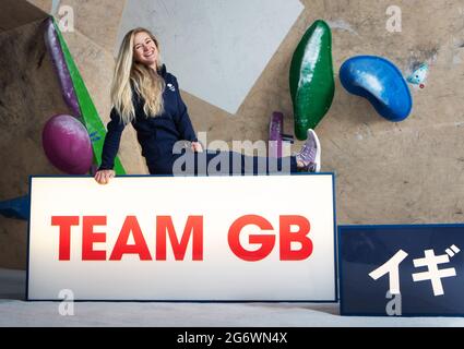 Datei-Foto vom 11-02-2020 von Shauna Coxsey während der Ankündigung des Team GB Tokyo 2020 Kletterteams bei den Climbing Works, Sheffield. Ausgabedatum: Freitag, 9. Juli 2021. Stockfoto