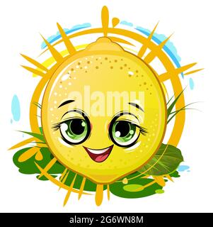 Ein fröhliches Lächeln auf Zitrone. Saftige rote Frucht mit einer Schnauze. Cartoon-Stil. Isoliert auf weißem Hintergrund. Illustration. Helle Sommerkomposition gegen Th Stockfoto