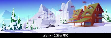 Winterberglandschaft mit Häusern oder Chalet und Seilbahn. Skigebiet Siedlung mit Seilbahn über Fichten und schneebedeckten Gipfeln. Winterferien Ferienhäuser, Cartoon-Vektor-Illustration Stock Vektor