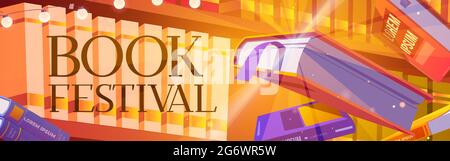 Bücher Festival Cartoon Banner, glühende Bestseller fliegen über Bücherregal. Festveranstaltung im Buchladen oder in der Bibliothek. Geschlossene und offene Volumen mit farbenfrohem Taschenbuch, das im Luftvektor-Webbanner schwebt Stock Vektor