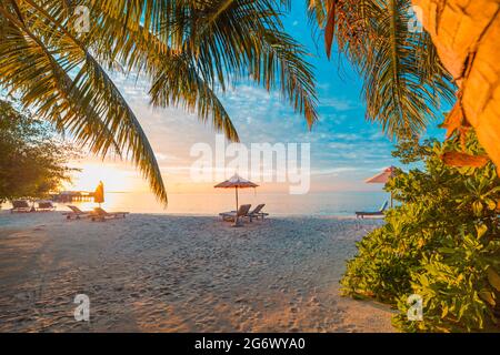 Wunderschöne tropische Sonnenuntergangsszenerie, zwei Sonnenliegen, Sonnenliegen, Sonnenschirm unter Palmen. Weißer Sand, Meerblick mit Horizont, farbenprächtiger Dämmerungshimmel, Ruhe Stockfoto