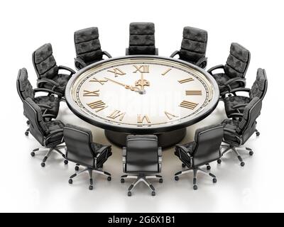 Runder Tisch mit Uhr und Stühlen auf weißem Hintergrund. 3D-Illustration. Stockfoto