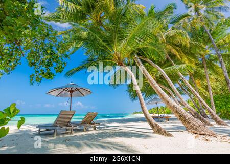 Wunderschöne tropische Insellandschaft, zwei Sonnenliegen, Liegen, Sonnenschirm unter Palmen. Weißer Sand, Meerblick mit Horizont, idyllisch blauer Himmel, Ruhe Stockfoto