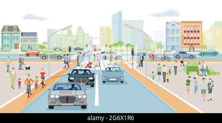 Familien und Menschen auf dem Bürgersteig mit Straßenverkehrsabbildung Stock Vektor