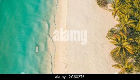 Luftaufnahme von oben auf den Sandstrand mit Palmen und ruhigen Wellen. Idyllische tropische Insellandschaft, Blick aus der Vogelperspektive. Entspannen Sie Strand Natur Umwelt Stockfoto
