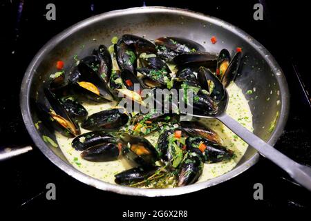 Miesmuscheln in einer heißen Pfanne, die als Moules a la Marinara bekannt ist Stockfoto