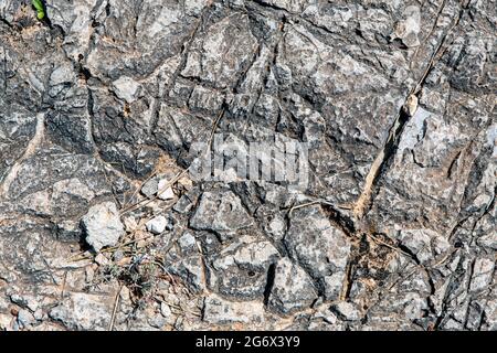 Grauer Steinkies mit Spuren von trockenen Zweigen und kleinen Kieselsteinen, die ihn ideal für Hintergrund oder Textur machen. Stockfoto