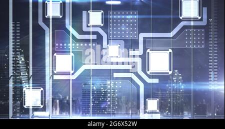 Bild des Netzwerks der Verbindung mit digitalen Ikonen über dem Stadtbild Stockfoto