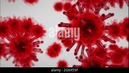 Abbildung von makroroten Coronavirus-Zellen, die auf weißem Hintergrund fließen und sich ausbreiten Stockfoto