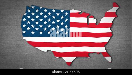 Abbildung einer US-Karte mit einer Flagge der USA auf grauem Hintergrund Stockfoto