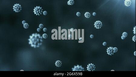 Aufnahme von Makrocoronavirus Covid-19-Zellen, die auf blauem Hintergrund schweben Stockfoto