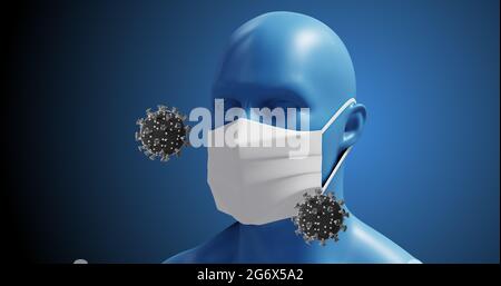 Abbildung von Makrocoronavirus-Covid-19-Zellen, die über einem 3D-Mann in einer Maske schweben Stockfoto