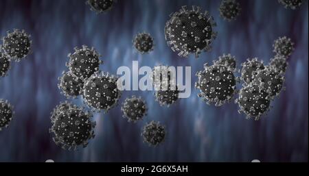 Abbildung von Makrocoronavirus-Covid-19-Zellen, die auf einem blauen Hintergrund schweben Stockfoto