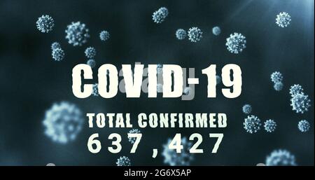 Bild von Macro Coronavirus Covid-19-Zellen, die sich über insgesamt bestätigte Wörter und steigende Anzahl ausbreiten Stockfoto