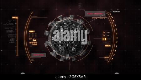 Aufnahme der Makrocoronavirus Covid-19-Zelle, die über Informationen analysiert wurde Stockfoto