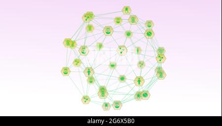 Bild eines grünen Globus mit Netzwerkverbindungen mit Symbolen für Arzneimittel Stockfoto