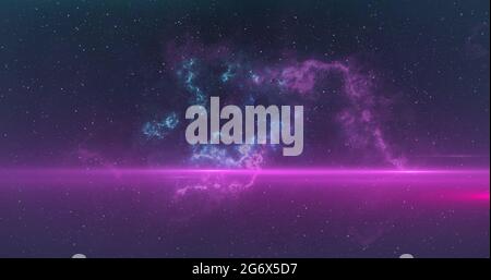 Glowing pink rays of light and blue and pink nebula moving in the night sky Stockfoto