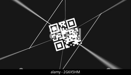 QR-Code-Scanner und sich drehende Linien vor schwarzem Hintergrund Stockfoto