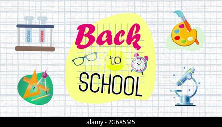 Bild von Back to School in Pink und Schwarz mit mehreren Schulpiktogrammen Stockfoto