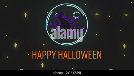 Happy Halloween Text und fliegende Hexe auf Besen vor schwarzem Hintergrund Stockfoto