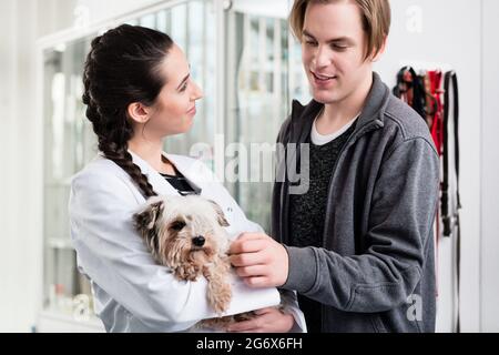 Gerne weibliche Tierarzt die kranken Welpen im Krankenhaus Stockfoto