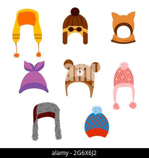 Eine Reihe von Winterhüten in verschiedenen Formen mit einem Muster. vektor isoliert auf einem weißen Hintergrund Stock Vektor