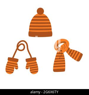 Set von Hut, Schal, orange gestreifte Fäustlinge, Winter. vektor isoliert auf weißem Hintergrund Stock Vektor