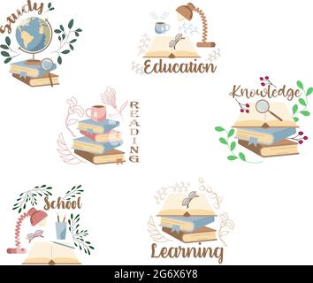 Set von Kompositionen mit Bürobedarf für Bildung, Schreibutensilien Zeichnung in flachem Stil Stock Vektor