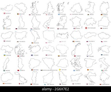 Großer Vektorsatz aller europäischen Staaten, Länderlinie, lineare dünne Karten isoliert auf weißem Hintergrund. Detaillierte, editierbare Darstellung von Europakarten Stock Vektor