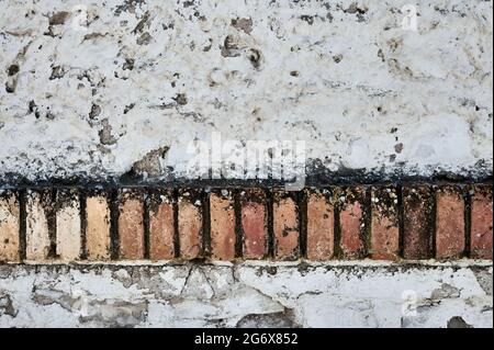 Detail einer weiß getünchten Wand mit einem Streifen freiliegender rötlich-erder Ziegel Stockfoto