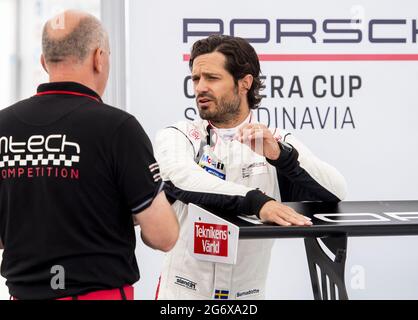 Falkenberg, Schweden, 9. September 2021. Prinz Carl Philip fährt am 9. September 2021 den Porsche Carrera Cup Scandinavia in Falkenberg, Schweden. Foto von Johan Valkonen/Stella Picturs/ABACAPRESS.COM Stockfoto
