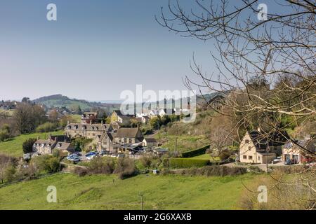 Ansicht von Kingscourt mit Rodborough Common im Hintergrund, Gloucestershire, großbritannien Stockfoto