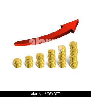 3D-Vektor des roten Pfeils für das Finanzwachstum. Gestapelte Münzen. EPS 10 Stock Vektor